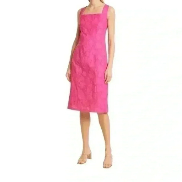 BOSS Hugo Boss DITEVA SLEEVELESS COTTON BLEND SHEATH DRESS IN FLAMINGO - Picture 1 of 8